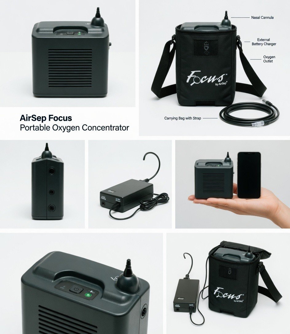 AirSep Focus Portable Air System w/ Battery Charger Compact Travel Unit